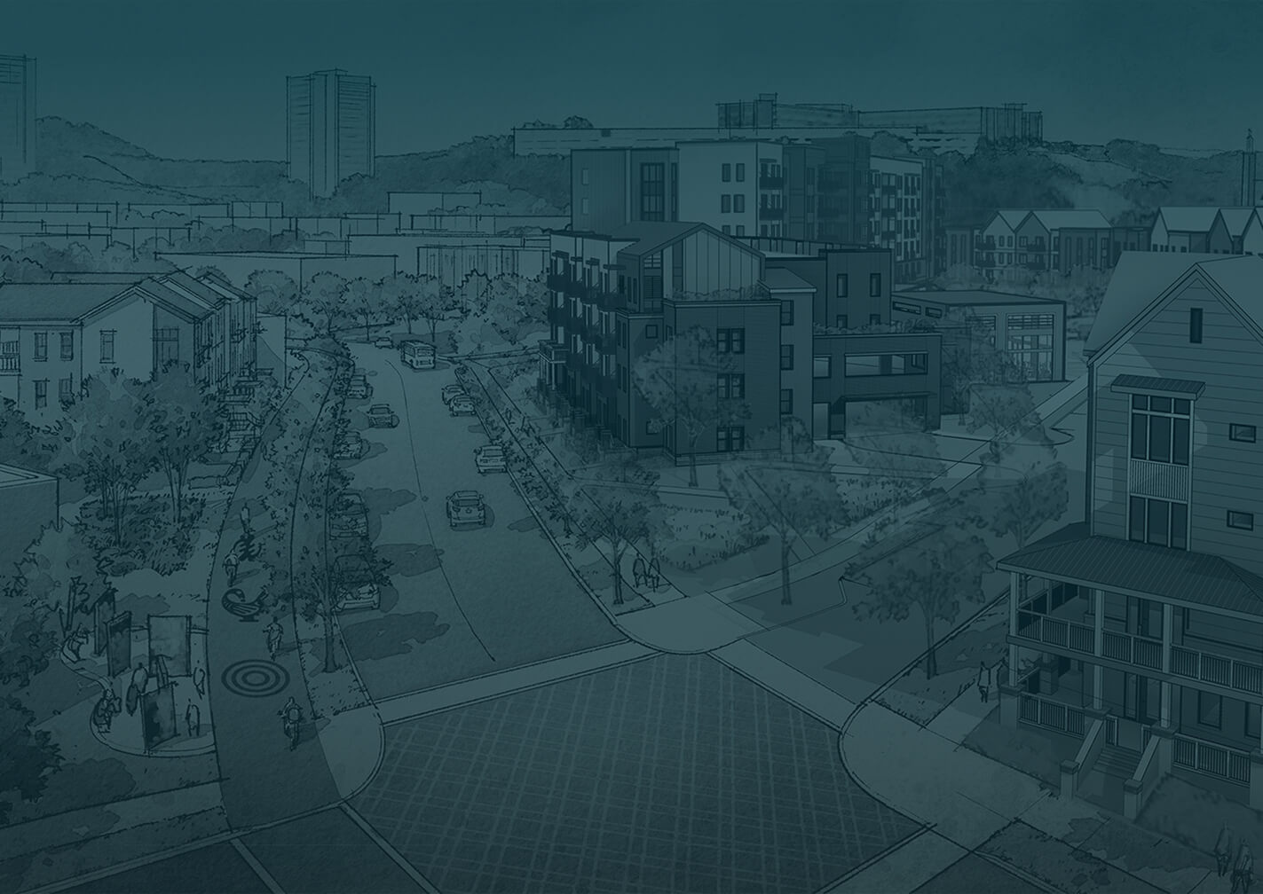 Illustration of a city street with modern buildings, trees, parked cars, and people walking on sidewalks and crossing intersections. The scene has a blue-tinted overlay.