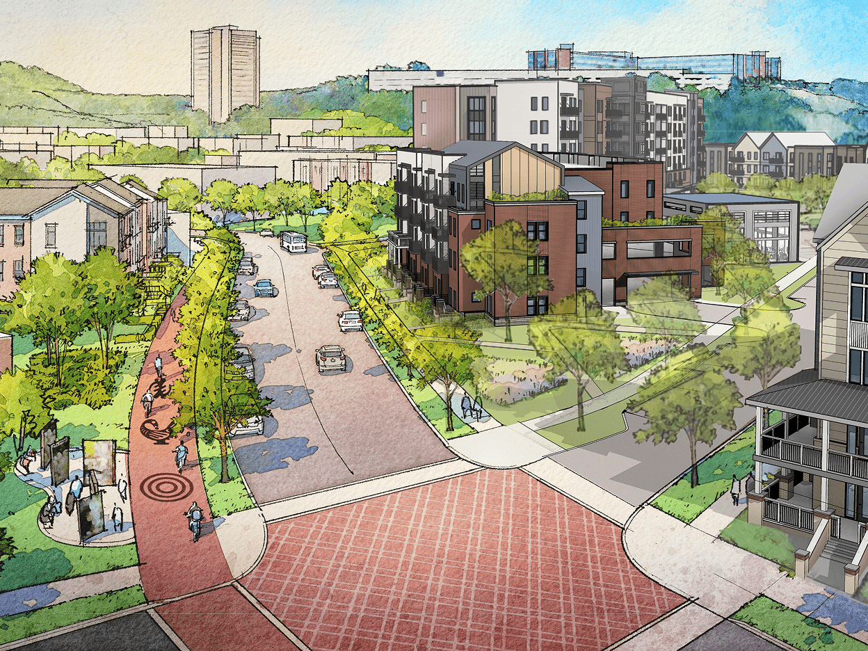 rendering of Mosaic at Westside apartments in Chattanooga Tennessee as viewed from 12th Street and Poplar